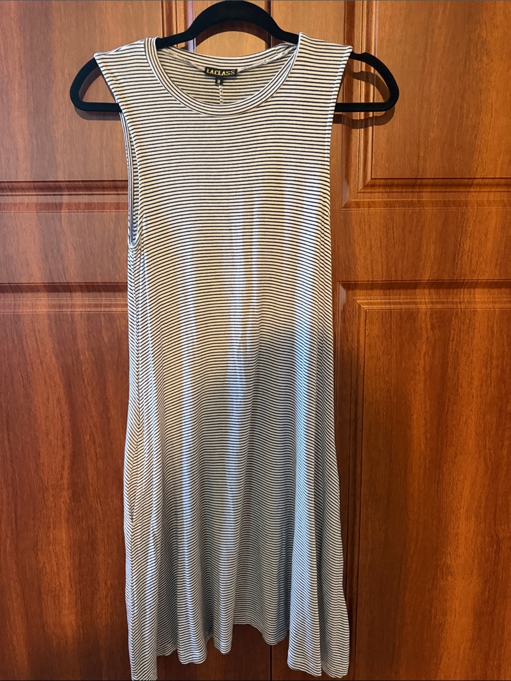 Navy and White Striped Sleeveless Midi Dress - with pockets.   Size M
